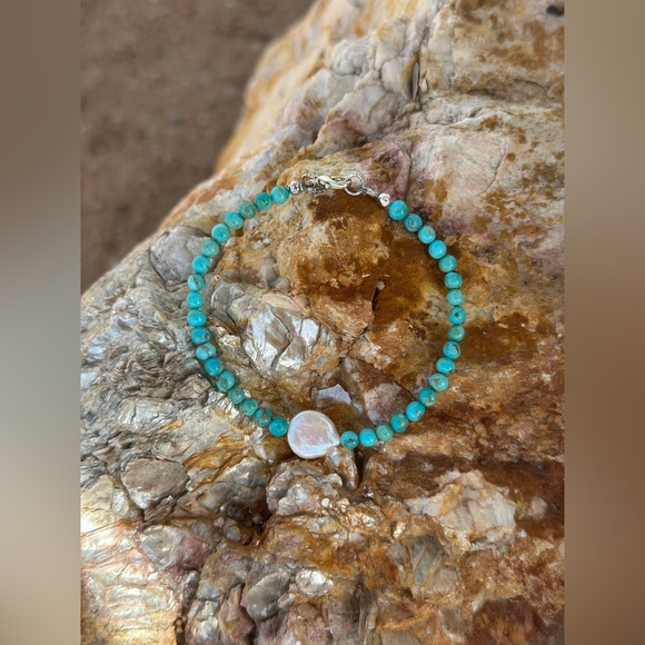 stella wilder hats Jewelry - Kingman Turquoise Bracelet with Freshwater Pearl Coin